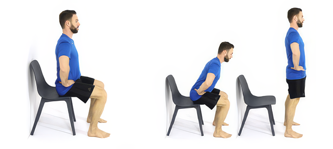 Photos of steps for sit to stand exercise